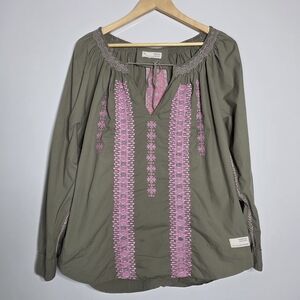 Odd molly olive green and light pink embroidered boho peasant top Size 4/XL